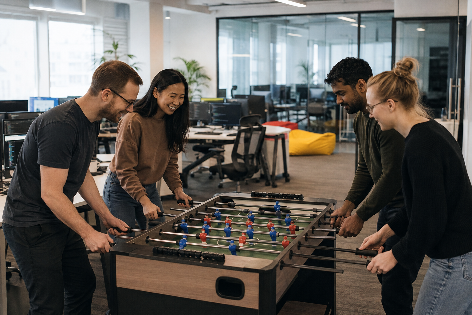 A team enjoying a game of foosball together